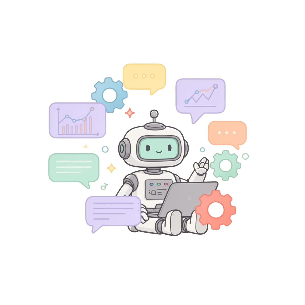 Friendly AI robot assistant working with charts and chat bubbles